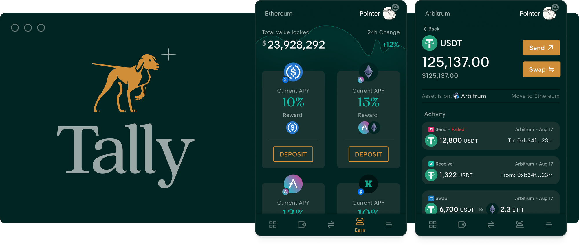 Screenshots of the Tally browser extension, including in-wallet yield farming and native cross-chain support.